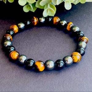 Triple Protection Bracelet Hematite, Tiger eye and onyx stretch bead bracelet